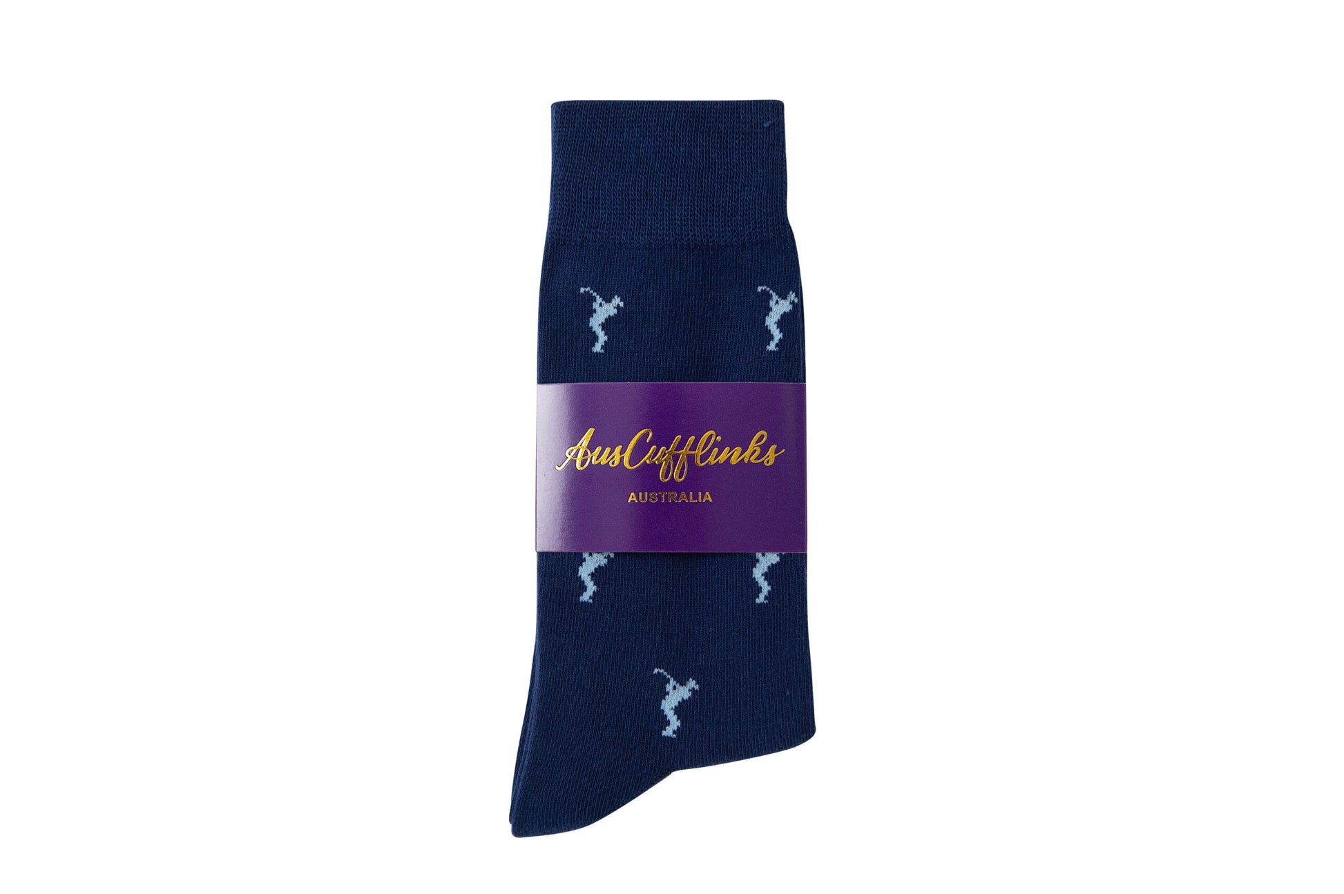 A Golf Swing Blue Sock with a label on it.