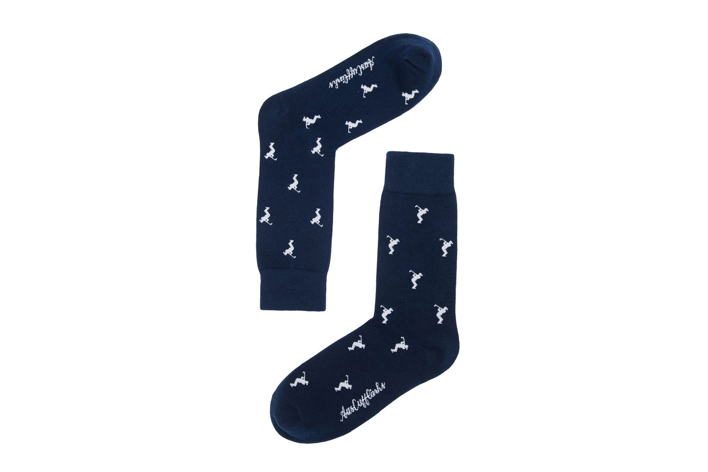A pair of Golf Swing Socks with white birds on them.