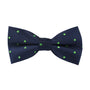 The Green Polka Dot Bow Tie features a navy blue design embellished with lush green polka dots on a pristine white background, exuding speckled elegance.