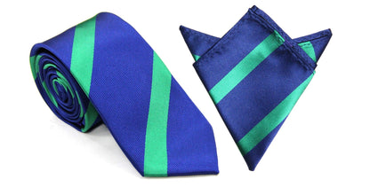 Navy Green Stripe Business Tie & Pocket Square Set