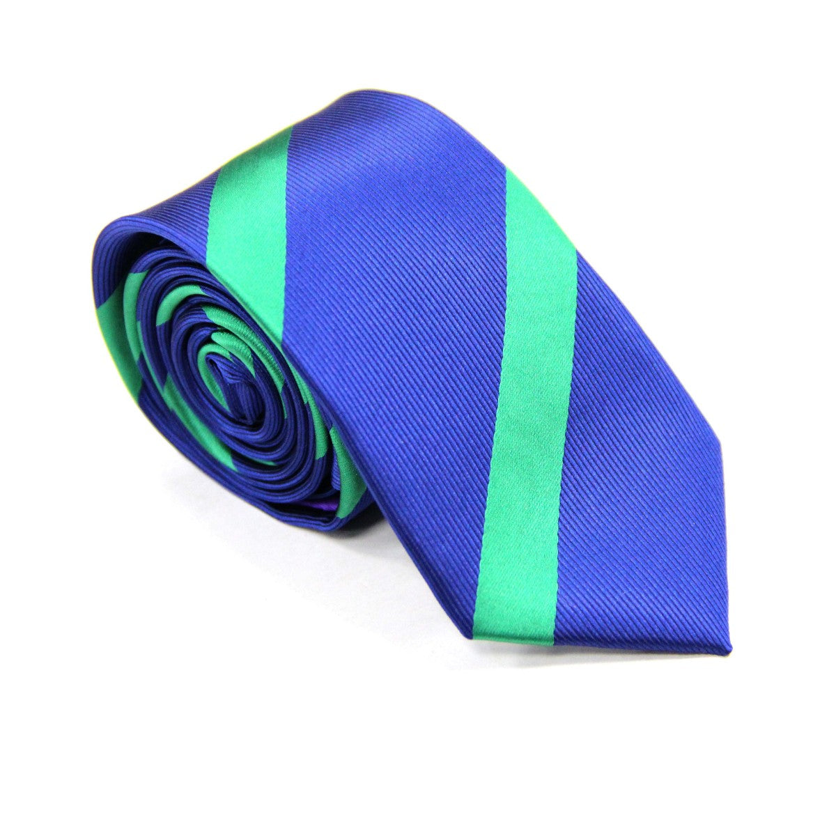 The Green Stripe Navy Skinny Tie, inspired by nature with its blue and green stripes, is beautifully rolled and set against a pristine white backdrop.