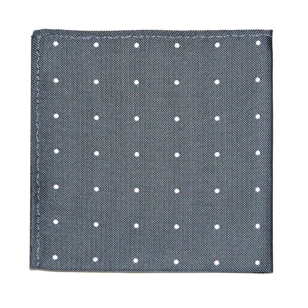 A gray fabric square adorned with a delicate pattern of small white dots, creating a monochrome magic across its surface, perfectly describes the Grey White Polka Dot Business Tie & Pocket Square Set.