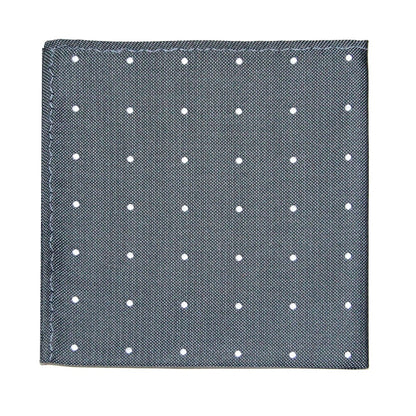 A gray fabric square adorned with a delicate pattern of small white dots, creating a monochrome magic across its surface, perfectly describes the Grey White Polka Dot Business Tie & Pocket Square Set.