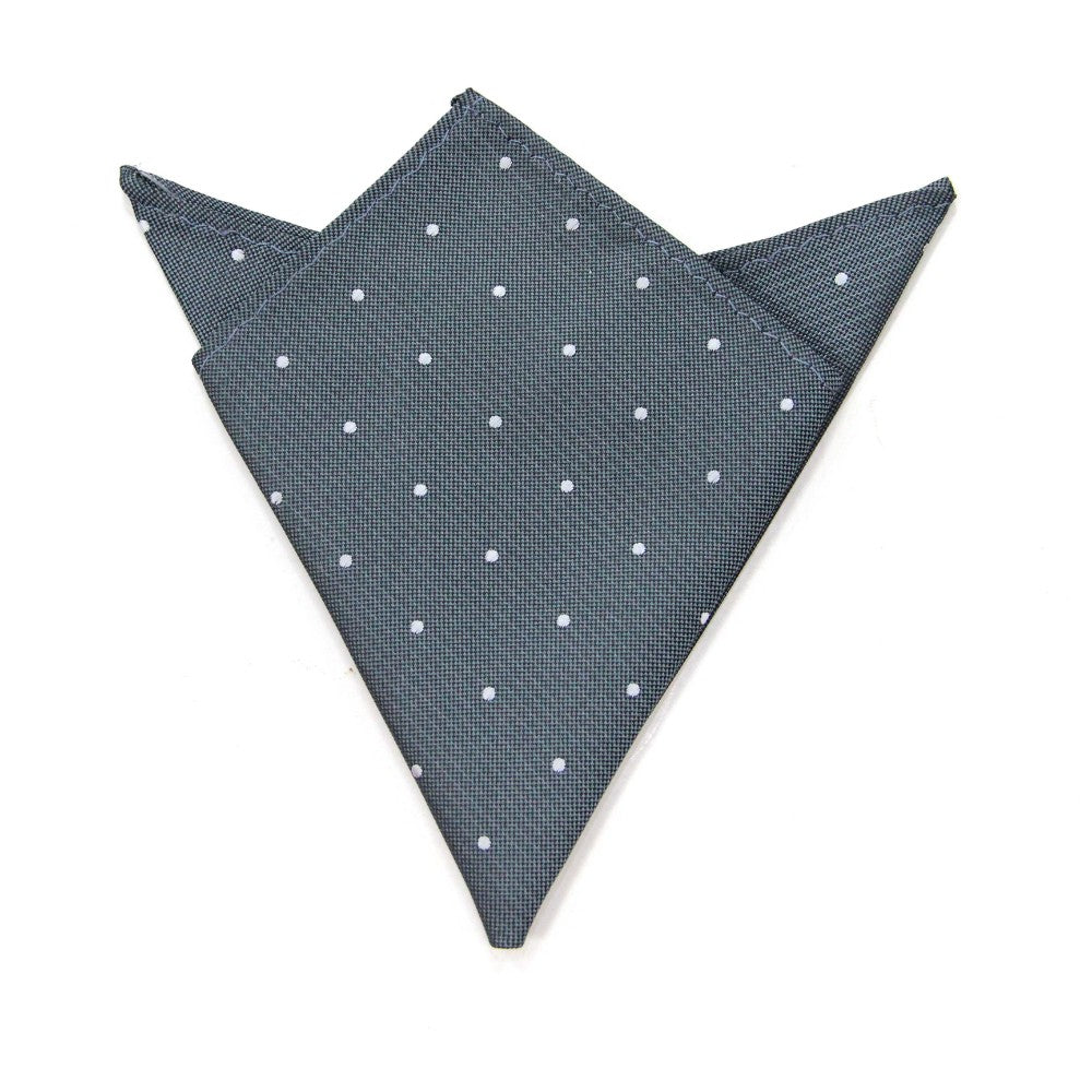 The Grey White Polka Dot Business Tie & Pocket Square Set, folded in a double pointed style, adds a touch of magic against the white background.