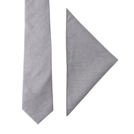 The Grey Cotton Business Tie & Pocket Square Set, ideal for groomsmen gifts, is stylishly displayed on a white background.