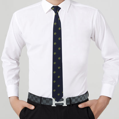 A man in a white dress shirt pairs the look perfectly with the Musical Note Skinny Tie and a black belt featuring a silver buckle, hands in pockets.