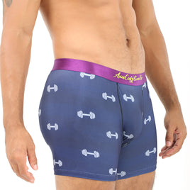 A man wearing Gym Underwear featuring blue boxer briefs with dumbbell patterns and a purple waistband, specially designed for ultimate comfort while lifting or playing your favorite game.