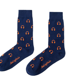 A pair of blue Headphones Socks with orange accents featuring headphones.