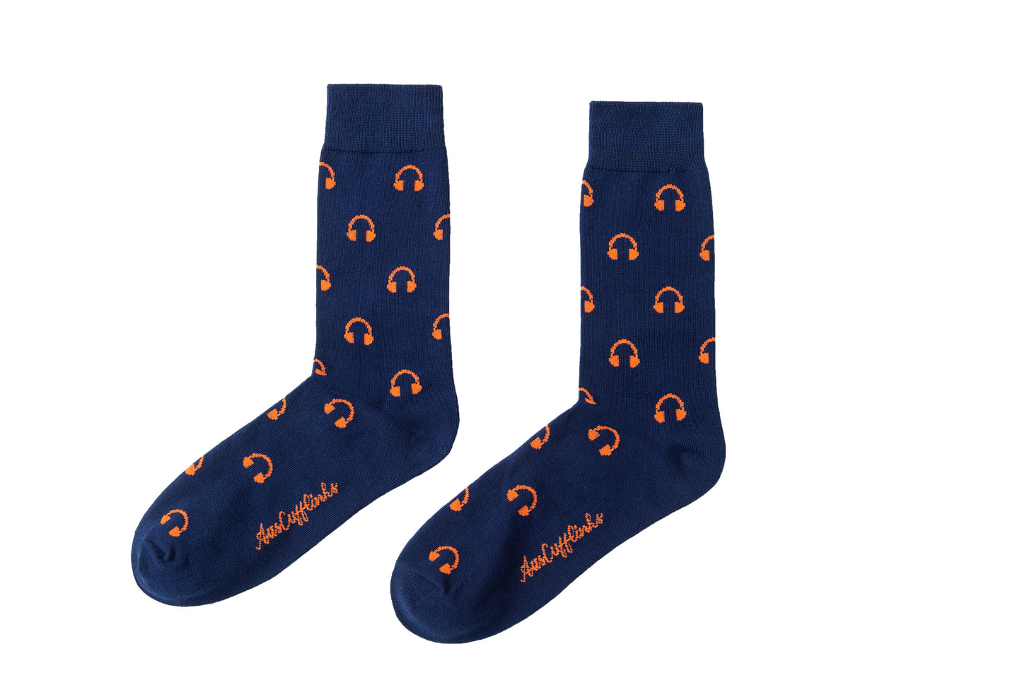 A pair of blue Headphones Socks with orange accents featuring headphones.