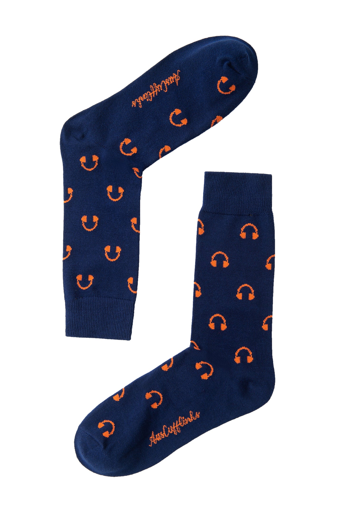 A pair of blue socks with orange Headphones Socks designs.