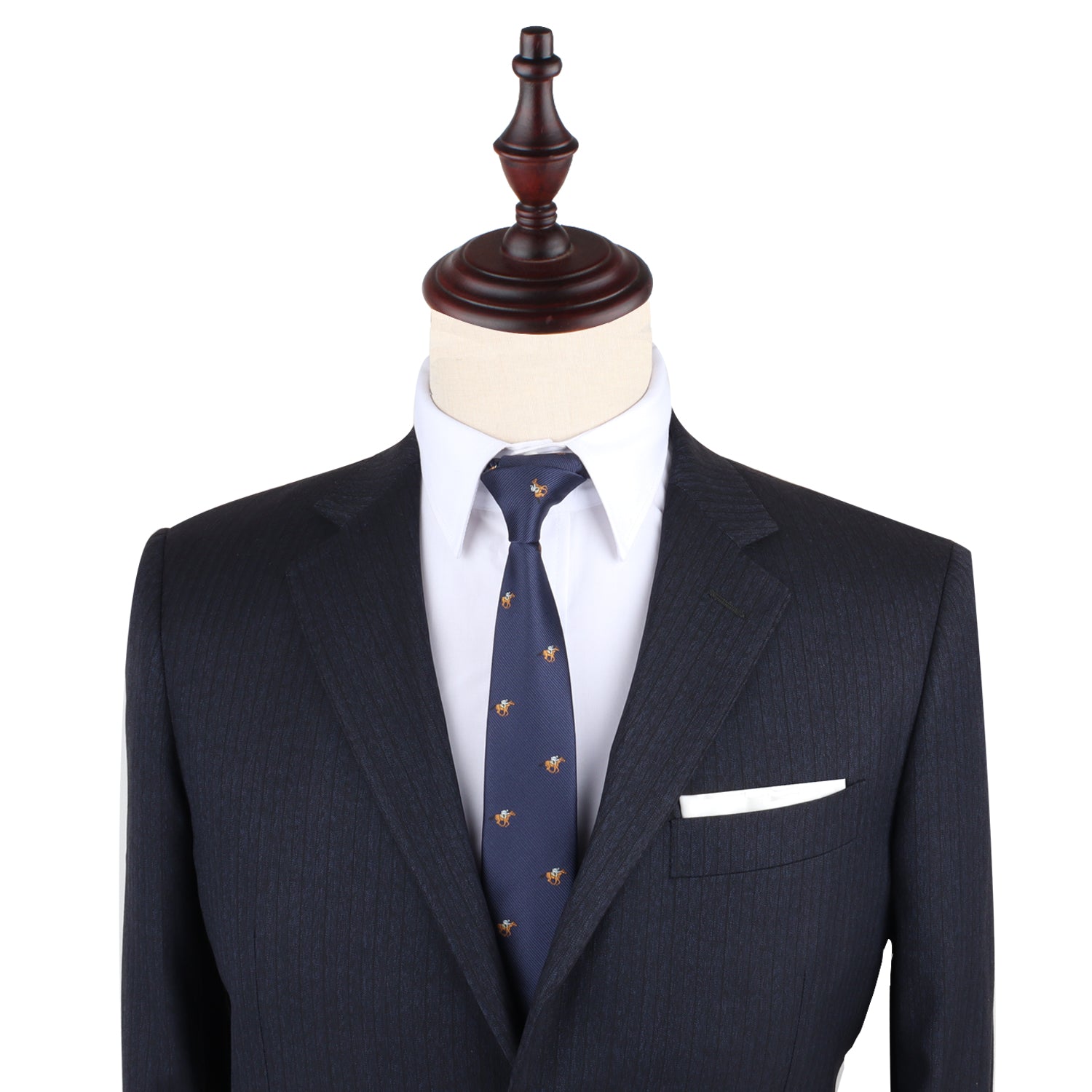 A dashing blue suit with a Horse Racing Slim Tie leads the way on a mannequin, exuding elegance.