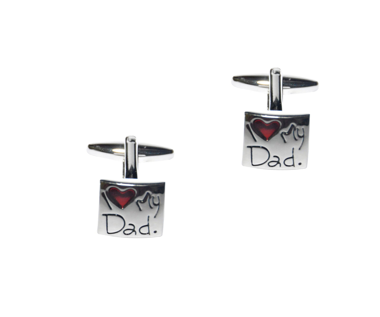 The "I Love My Dad Cufflinks," crafted in silver and featuring an engraving of "I ♥ my Dad" with a red heart, make an ideal symbol of affection.