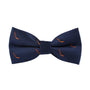 A navy blue Ice Hockey Bow Tie with a pattern of small, orange and black hockey sticks, perfect for adding a touch of elegance to spirited competition.