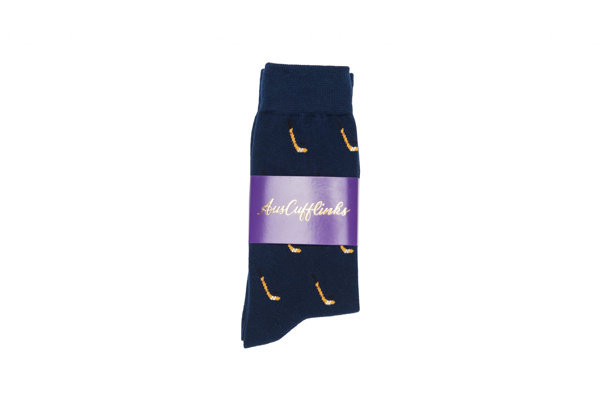 An Ice Hockey Sock with a gold logo on it is available.
