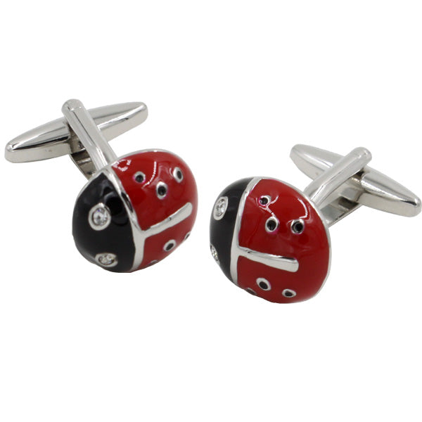 Ladybug Cufflinks: These nature-inspired accessories feature ladybug designs in red and black with white dots and silver hardware, perfect for nature lovers.