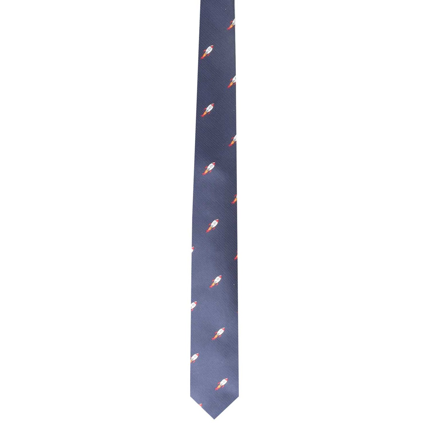 The Intergalactic Tie is a dark gray necktie adorned with a pattern of small, colorful rocket ships printed evenly across the fabric, perfectly capturing peak elegance as you prepare to blast off into your day.