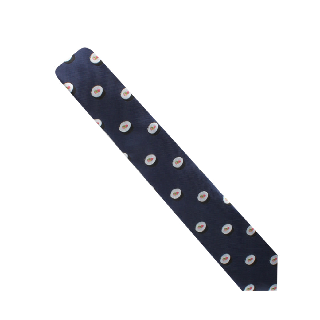 The Japanese Food Tie, featuring a navy blue design adorned with white circles that each contain a small red dot, exudes modern charm.