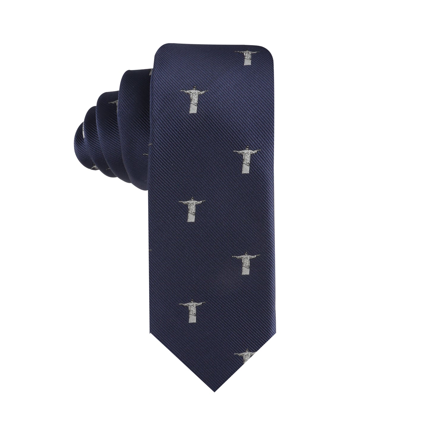 Dark blue Jesus Thin Tie featuring a stylish form and small, light embroidered designs repeating throughout.