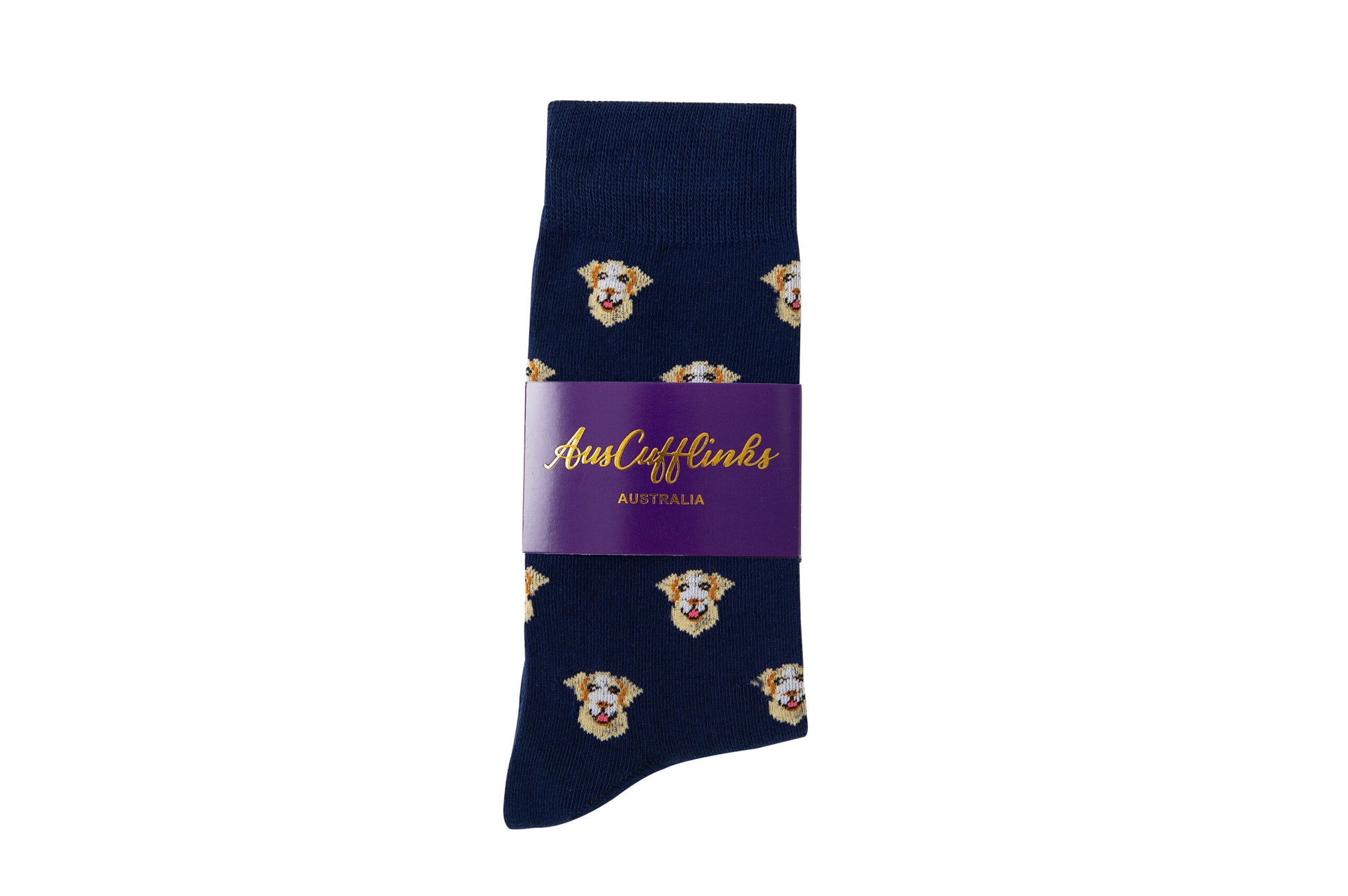 A navy sock with a Labrador Dog on it.