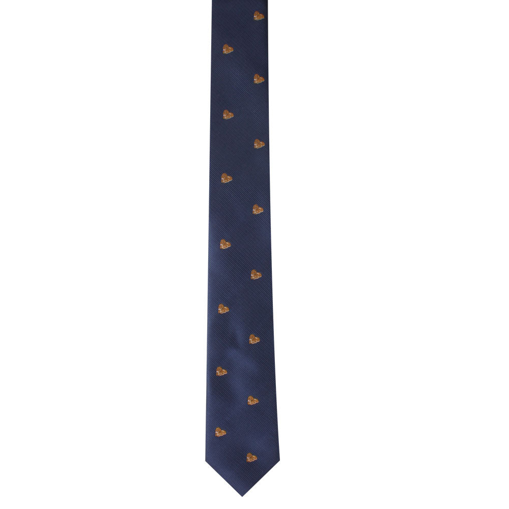 A navy blue Puppy Dog Skinny Tie with a pattern of small embroidered brown motifs, perfect for dog lovers, evenly spaced throughout.