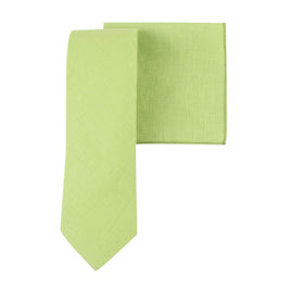 The Light Green Cotton Business Tie & Pocket Square Set features a spring-inspired style against a white background, perfect for fresh looks.