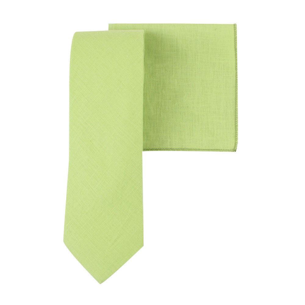 Lime Green Cotton Skinny Tie & Pocket Square Set, arranged neatly with the tie on the left and the pocket square on the right, perfect for creating a sharp silhouette.