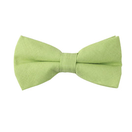 The Lime Green Cotton Bow Tie & Pocket Square Set features a classic design, ideal for spring weddings, and is showcased on a white background.