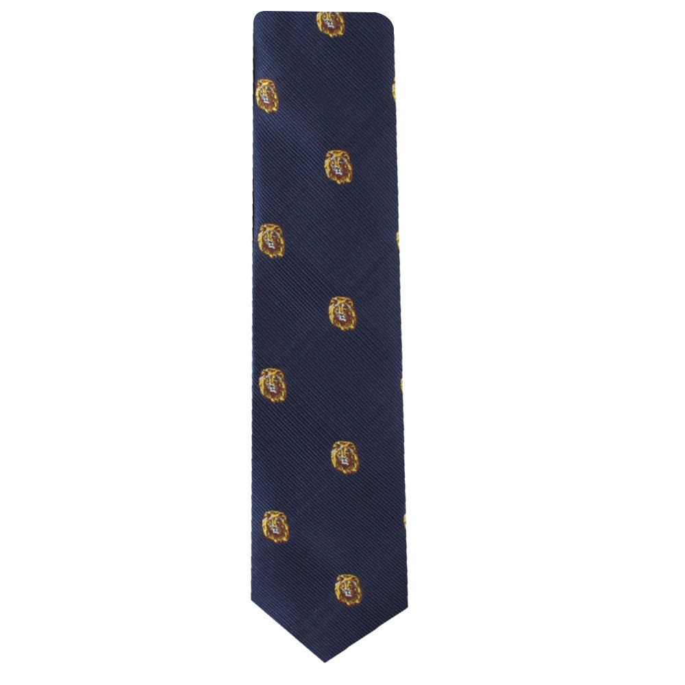 Introducing the King Lion Skinny Tie: a navy blue tie featuring meticulously embroidered lion head patterns, symbolizing courage and leadership, uniformly spaced across the fabric.