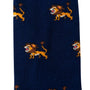 A close-up of a dark blue Lion Sock featuring a pattern of small, cartoon-style lions with brown manes and red mouths, adding a touch of majesty.