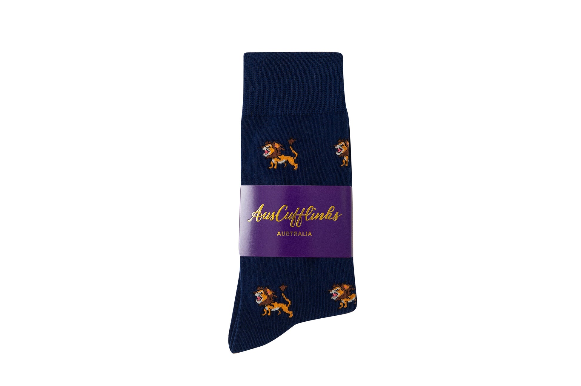 A single dark blue Lion Sock featuring a small embroidered lion design, wrapped with a purple label that reads "Aussie Cufflinks Australia," this piece exudes majesty and style.