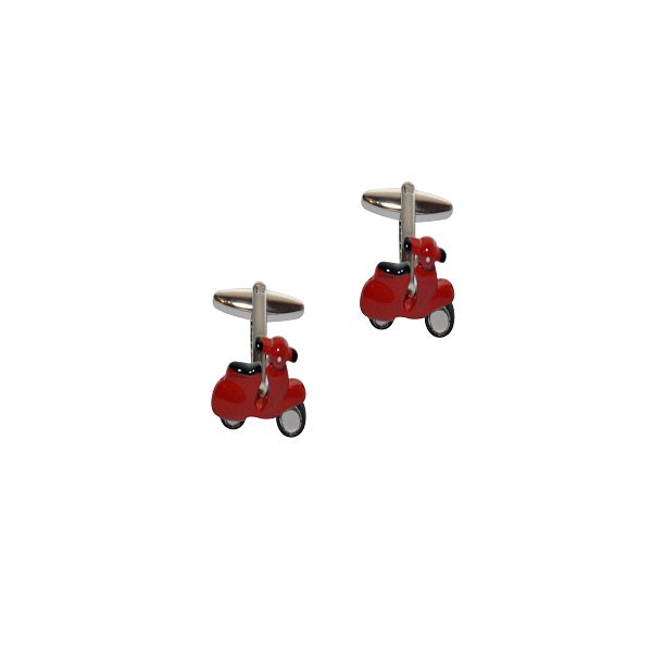 The London Red Scooter Cufflinks, featuring a red scooter with silver accents against a white background, are perfect for Vespa enthusiasts and make an ideal gift for scooter lovers with a touch of London style.