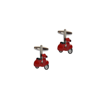 The London Red Scooter Cufflinks, featuring a red scooter with silver accents against a white background, are perfect for Vespa enthusiasts and make an ideal gift for scooter lovers with a touch of London style.