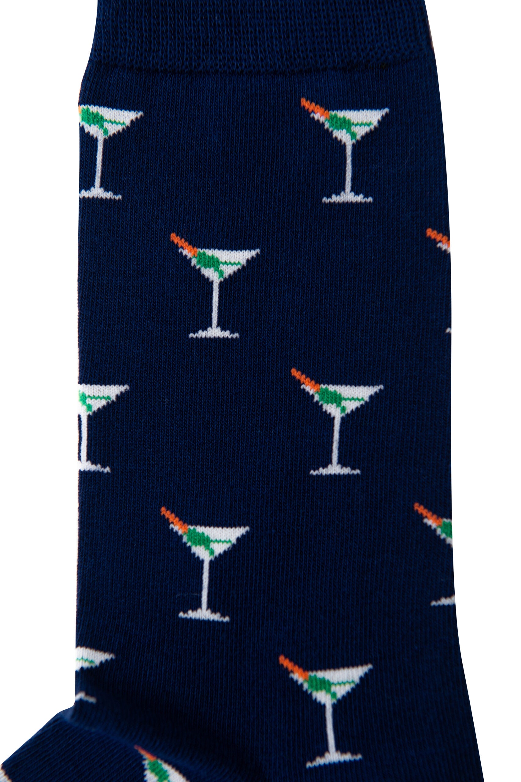 Step up your sock game with the Martini Margarita Socks, showcasing a playful pattern of martini glasses highlighted in green and orange on a navy blue background. Ideal for anyone wanting to add a splash of fun and flair to their wardrobe.