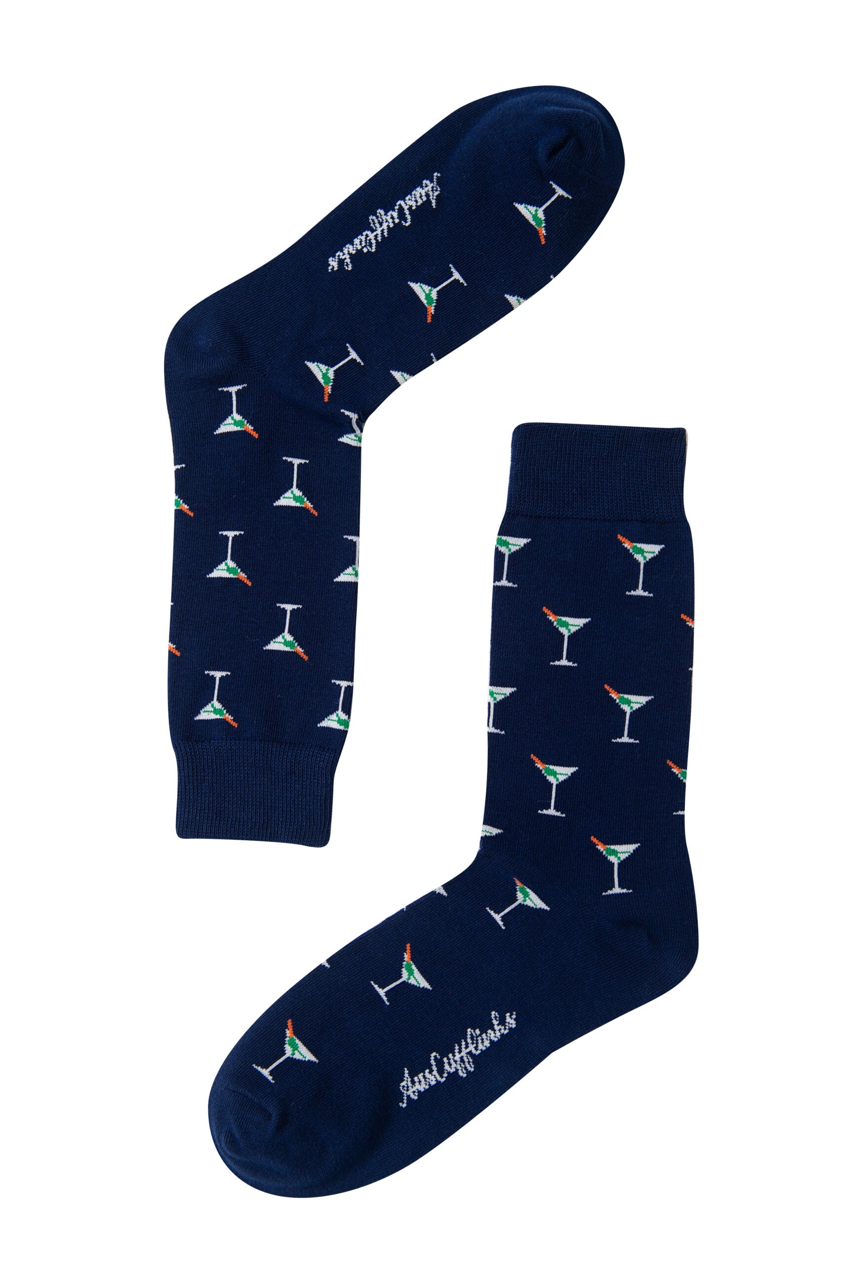 Enhance your sock collection with the Martini Margarita Socks, showcasing playful martini glass patterns on a navy blue background. Ideal for injecting a touch of fun into any ensemble.