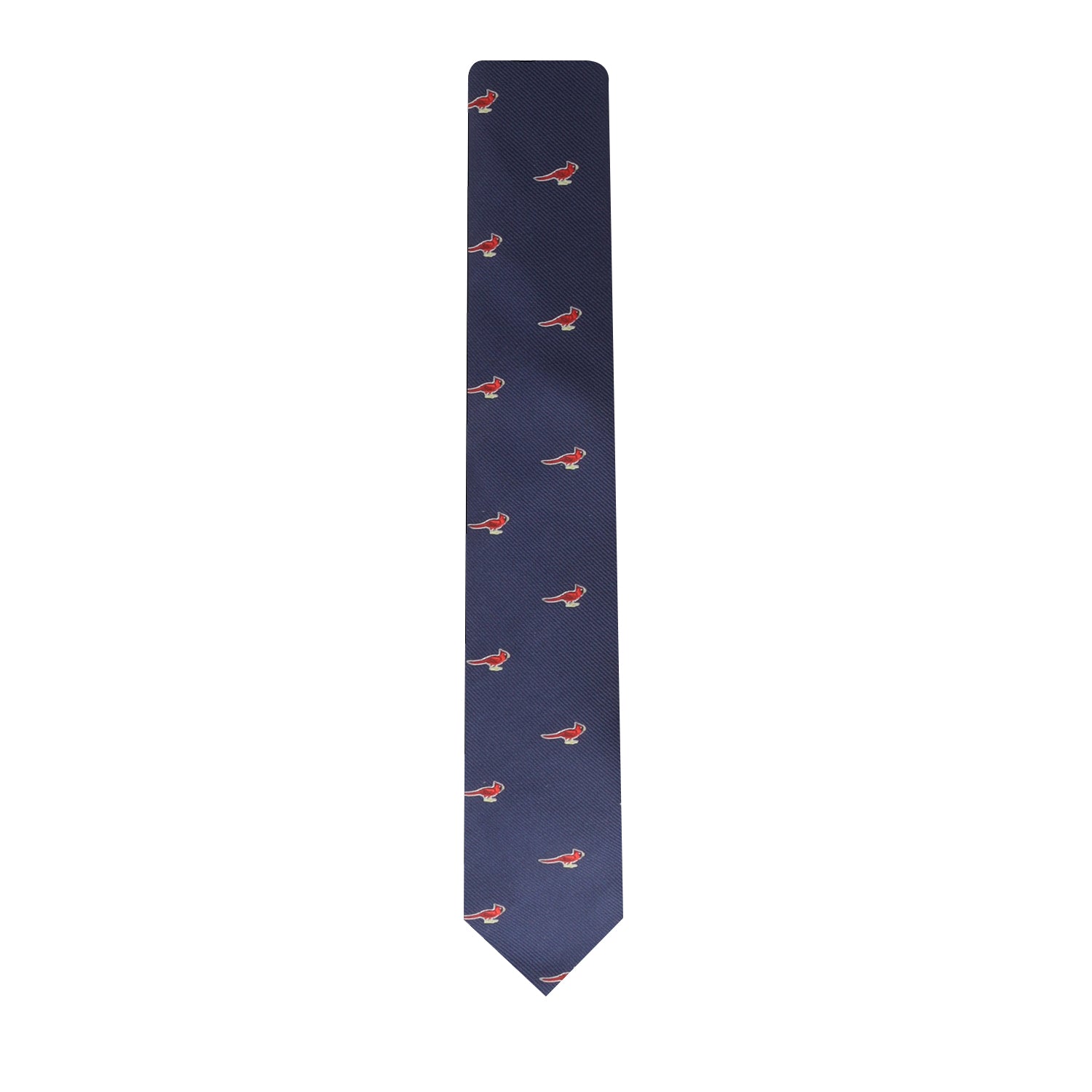 A blue tie with a vivid Mens Bird Tie on it.