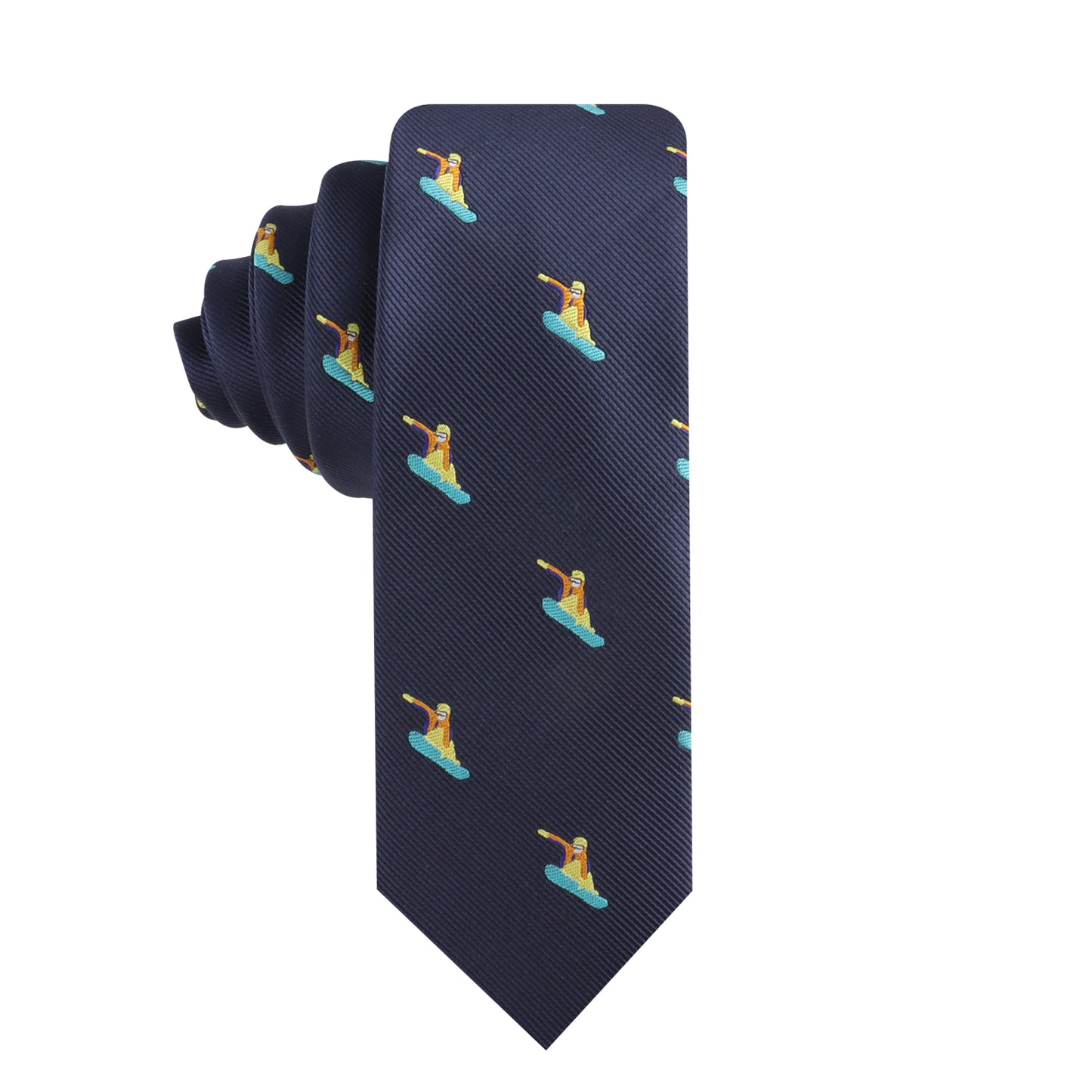 A rolled-up Snowboarder Skinny Tie in navy blue, showcasing a repeating pattern of small ducks sporting sunglasses while dashing across blue surfboards.