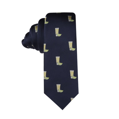 Introducing the Tequila Skinny Tie: a sharp navy blue necktie adorned with a lively pattern of small, yellow beer mugs, sure to add a touch of zest to any outfit.