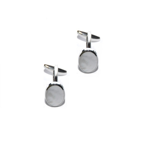 A lustrous pair of Mother of Pearl Silver Cufflinks, featuring a reflective, smooth surface against a white background.