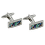 Mother of Pearl Stone Cufflinks: elegant silver rectangular cufflinks featuring a lustrous iridescent abalone shell inlay.