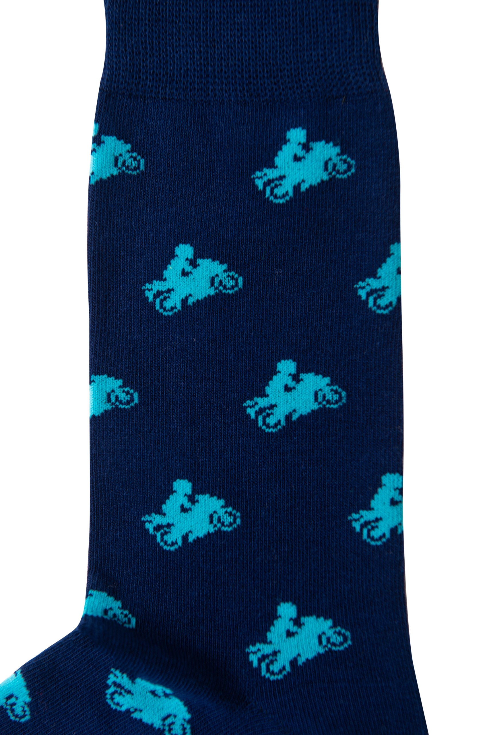 A navy blue Motorbike Sock with a pattern of light blue motorcycles, perfect for adding a touch of personality to your stylish footwear collection.