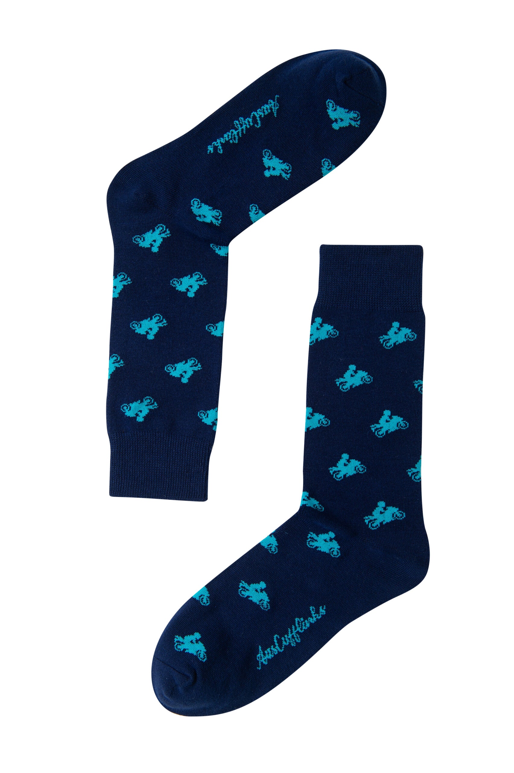 A pair of navy blue Motorbike Socks with turquoise motorcycle prints, perfect for pairing with your stylish shoes.