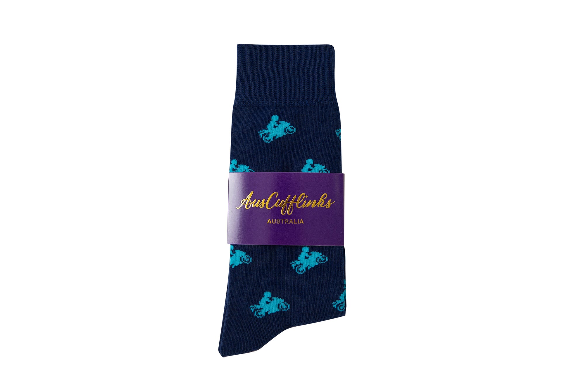 A pair of Motorbike Socks, wrapped with a purple band labeled "AusCufflinks Australia," perfect to complement your stylish shoes and complete your footwear collection.