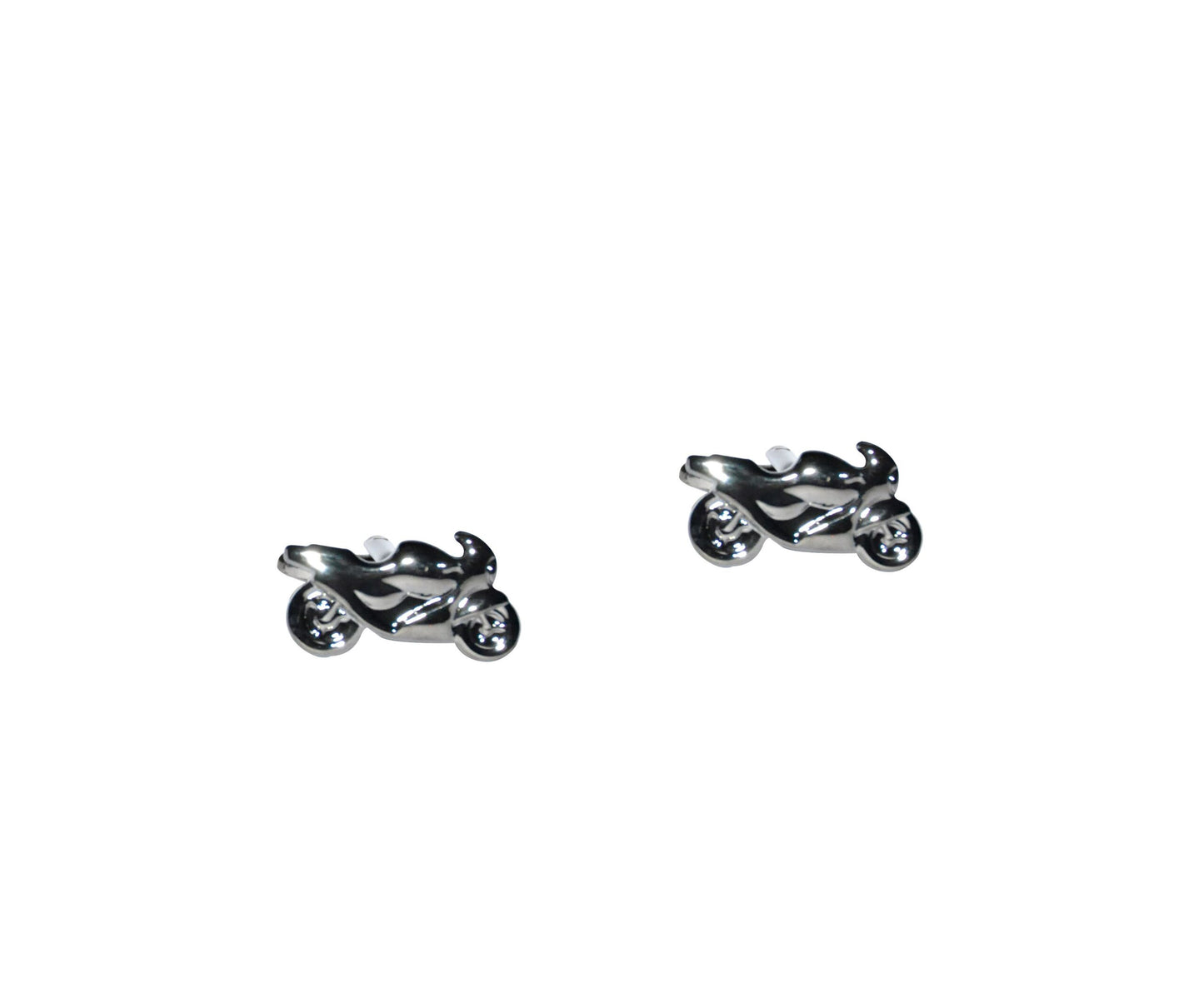 Enhance your style with these silver motorbike cufflinks, showcasing shiny details that catch the light against a sleek white backdrop.