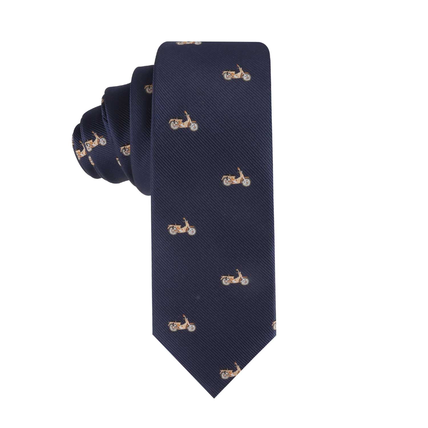 The Motorbike Themed Necktie combines elegance with a high-speed touch, featuring small motorcycle patterns on a navy blue background to rev up your style.