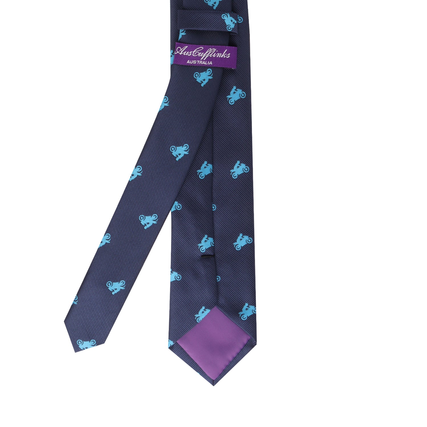 A dark blue Motorbike Thin Tie with a ride-inspired pattern of light blue motorcycles and bold purple accents on the back and label.