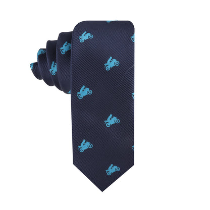 A navy blue Motorcycle Themed Necktie with a ride-inspired pattern of light blue motorcycle silhouettes.