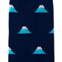 A close-up of Mountain Socks showcasing a navy blue sock featuring a repeating pattern of white-capped blue mountain peaks.