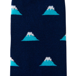 A close-up of Mountain Hiking Socks showcasing a navy blue sock featuring a repeating pattern of white-capped blue mountain peaks.