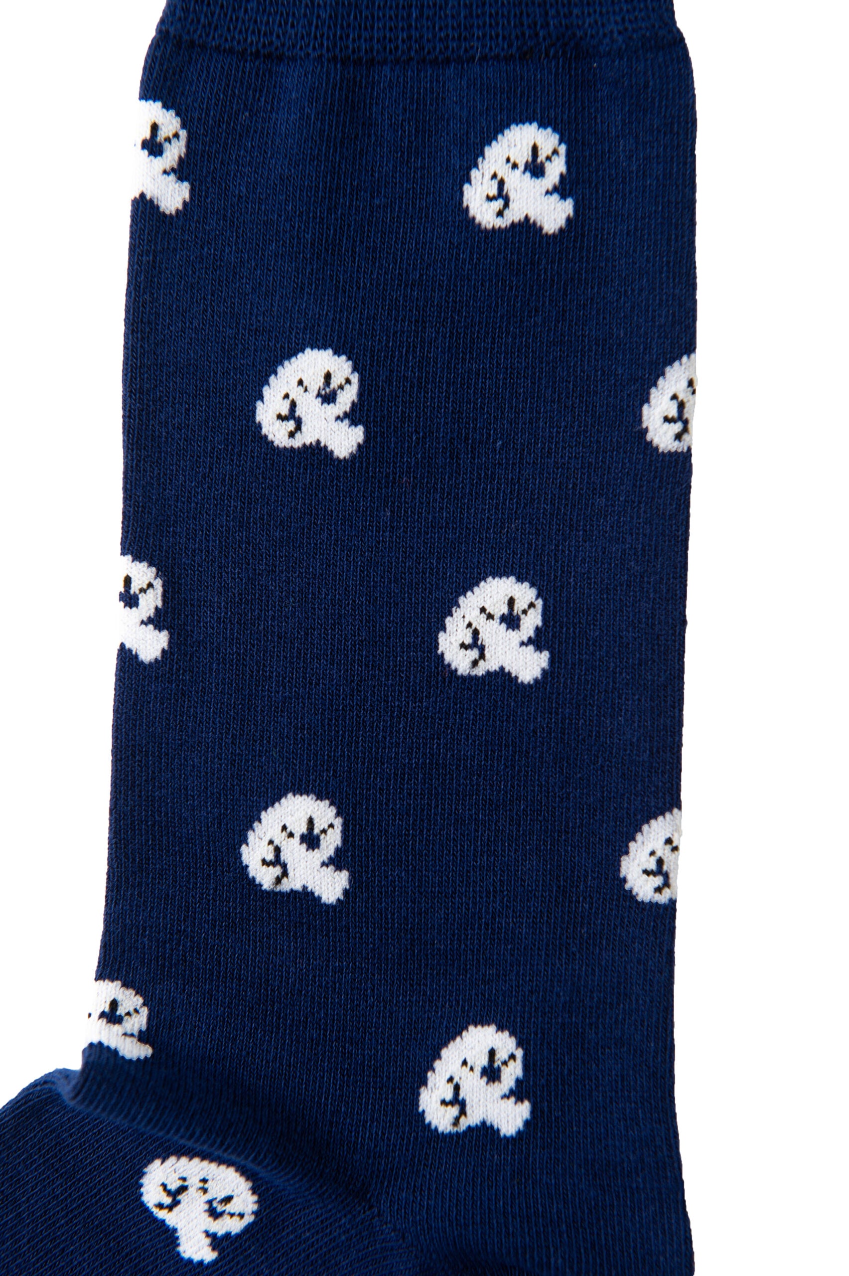 Dark blue Mushroom Socks adorned with white cartoon ghost patterns, adding a playful twist to your feet.