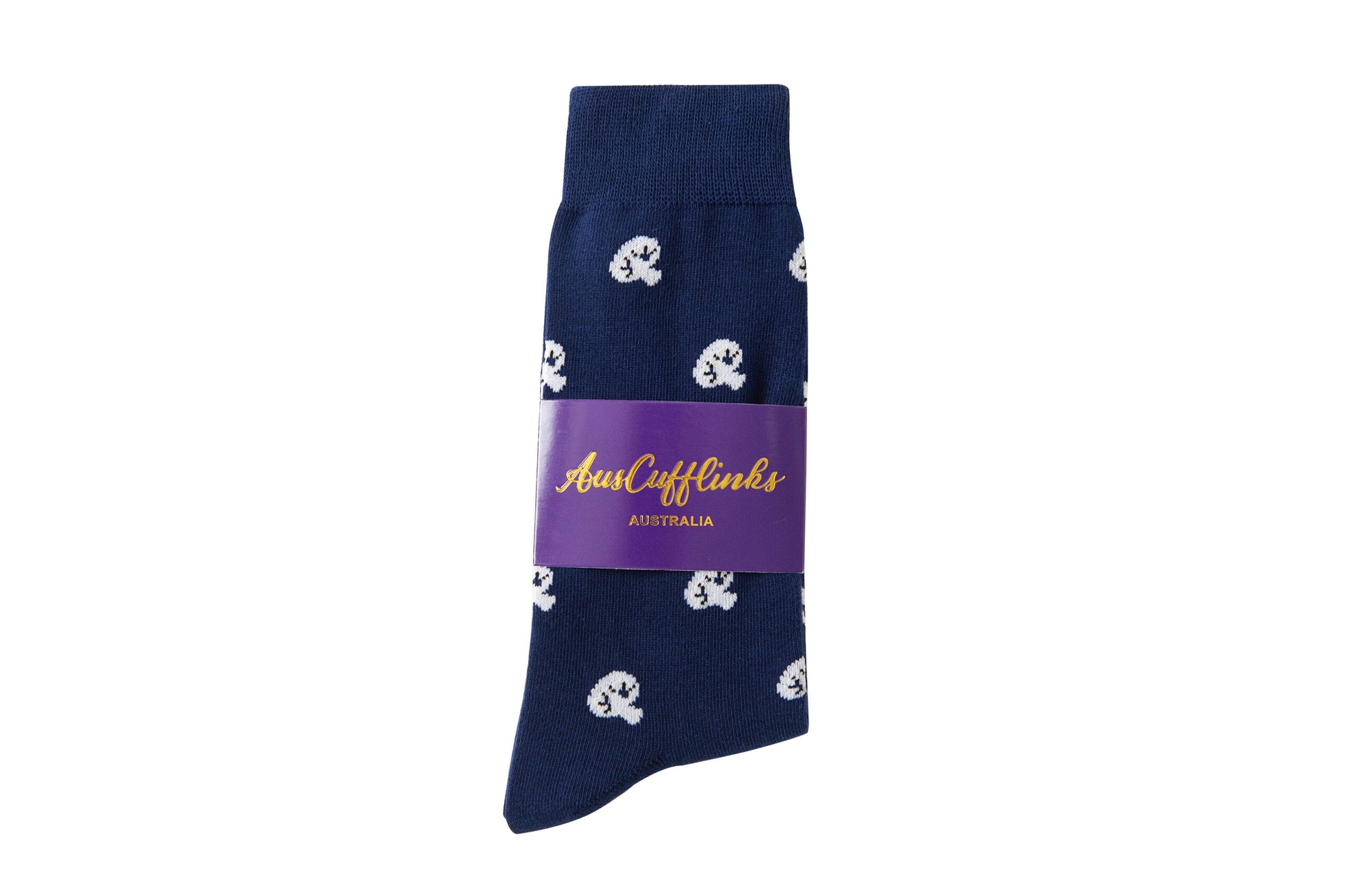 Navy blue socks featuring a white brain pattern, ideal for bringing some forest flair to your feet. Each pair is packaged with a purple band labeled "AusCufflinks Australia." These fun accessories are known as Mushroom Socks.